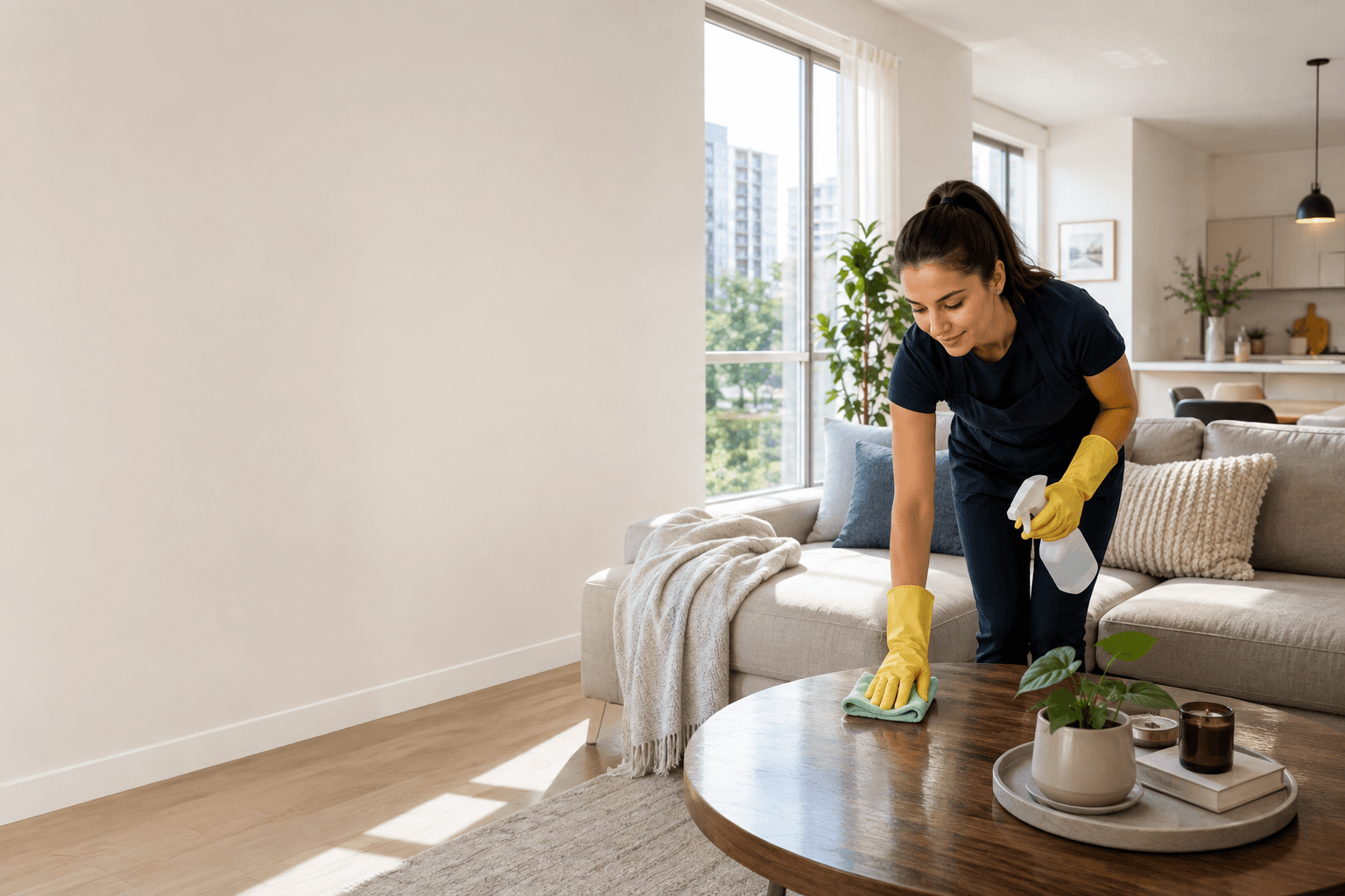 A verified cleaner cleaning a bright living room